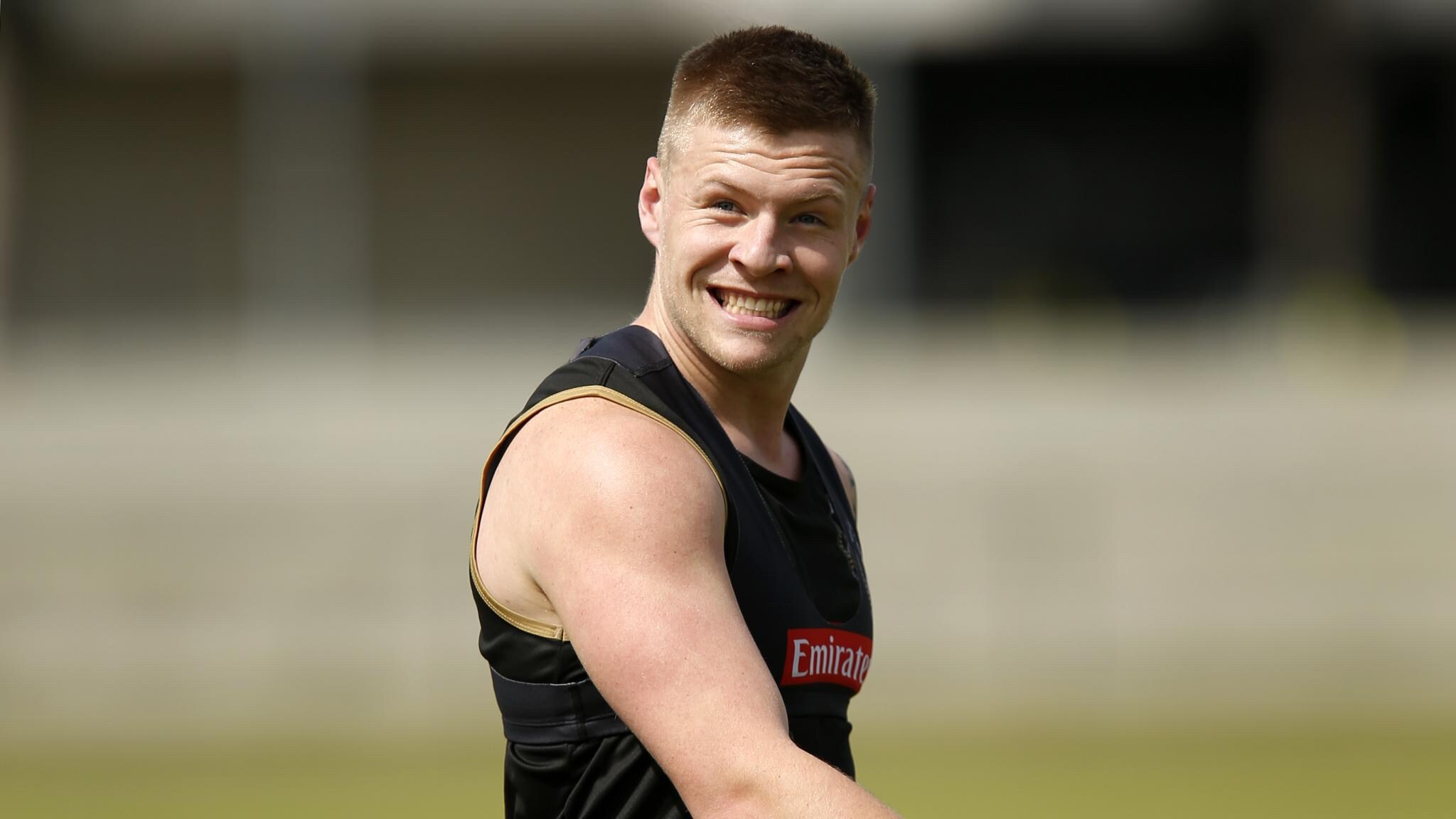 de goey at training.jpg Jordan De Goey manages a smile at training this week - AFL,Collingwood Magpies,Injuries,Jordan De Goey,Grand Final